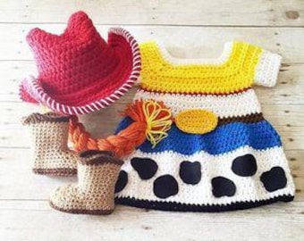 Crochet Jessie Baby Costume | Toy Story Cowgirl Newborn Dress Set | Infant Halloween Outfit | Photo Prop 0-24M