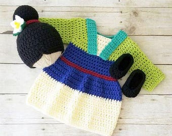 Crochet Mulan Baby Costume | Disney Princess Newborn Dress Set | Infant Halloween Outfit | Photo Prop 0-24M