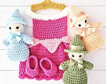 Crochet Aurora Baby Costume | Sleeping Beauty Newborn Dress Set | Infant Princess Outfit | Photo Prop 0-24M | Fairy Godmother Dolls