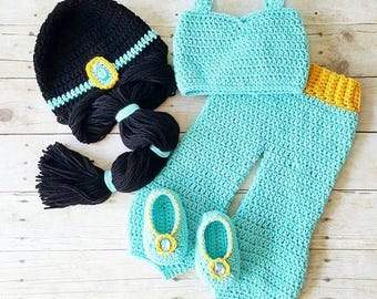 Crochet Jasmine Baby Costume | Aladdin Princess Newborn Pants Set | Infant Halloween Outfit | Photo Prop 0-24M