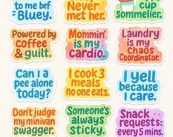 Funny Mom Life Quote Sticker Pack. 58 Relatable Transparent PNGs for Good notes, Digital Planners & Journals. Motherhood Chaos Text Stickers