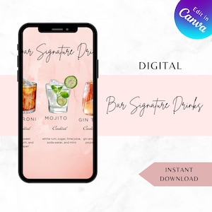 Szablon menu baru, edytowalny znak weselny, lista drinków, drukowane menu koktajlowe na specjalne okazje