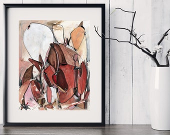 May include: Abstract art print in a black frame. The artwork features a mix of red, brown, and white shapes on a beige background. A white vase with a branch of white flowers is next to the framed art.