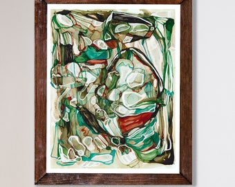 Abstract Nature-Inspired Print | Green & Earth-Toned Modern Wall Art | Botanical-Inspired Ink Painting Reproduction | "Emerald Luray"