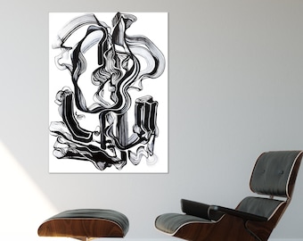 May include: Black and white abstract art print with swirling lines and shapes. The print is framed and hanging on a white wall.