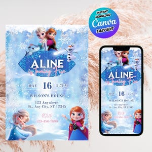 Gefrorene Geburtstagseinladung für Mädchen - Editierbare Canva 5x7 Printable - Winter Princess Digital Party Card