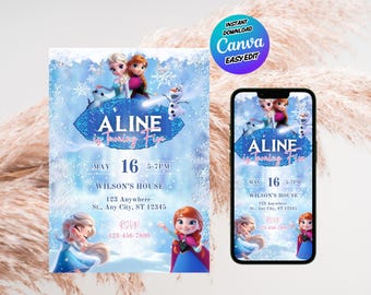 Frozen verjaardagsuitnodiging voor meisje – bewerkbare canva 5 x 7 afdrukbaar – digitale feestkaart winterprinses