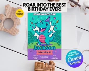 Bewerkbare verjaardagsuitnodiging dinosaurus – tropische T-Rex-canvasjabloon voor jongens – Afdrukbare en geanimeerde feestkaart voor kinderen