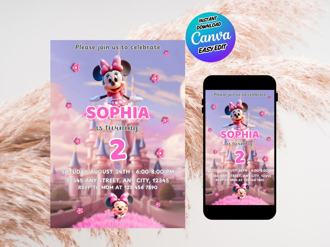 Pink Minnie Princess Birthday Invitation – Editable Canva 5x7 Template ...