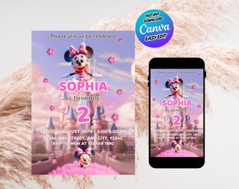 Verjaardagsuitnodiging Pink Minnie Princess – bewerkbare Canva-sjabloon van 5 x 7 – digitale download Girl Party Card
