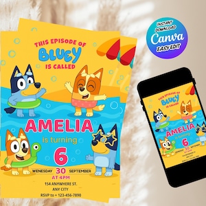 Bluey Summer Pool Birthday Invitation, Editable Canva Template, Printable 5x7 Card, Bluey Birthday Party Invite, DIY Digital File