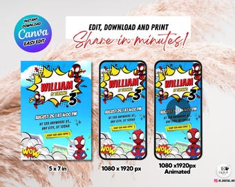 Verjaardagsuitnodiging Spidey: bewerkbare canva-mp4-sjabloon