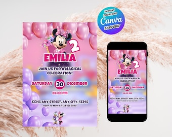 Bewerkbare Minnie Pink Balloons verjaardagsuitnodiging – 5 x 7 canva sjabloon – afdrukbare digitale download – directe toegang