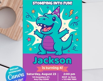 T-Rex verjaardagsuitnodiging MP4 – bewerkbare dinosaurusfeestkaart in canvas – afdrukbare sjabloon van 5 x 7 voor jongens junglethema