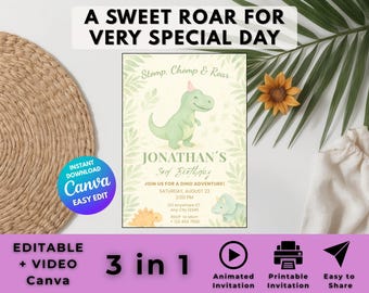 BEPERKTE AANBIEDING! Zachte dinosaurusverjaardagsuitnodiging voor jongens – bewerkbare canvasjabloon – geanimeerde en afdrukbare digitale kaart