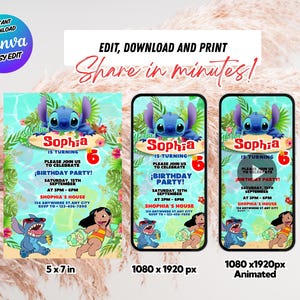 Modèle de toile modifiable d'invitation d'anniversaire Stitch - Téléchargement numérique Lilo & Stitch Tropical Party - Invitation animée pour enfants en MP4