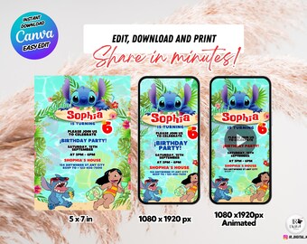 Stitch verjaardagsuitnodiging bewerkbare canva-sjabloon – Lilo & Stitch Tropical Party digitale download – geanimeerde kinderuitnodiging MP4