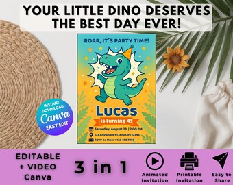 Laat je dino brullen! Bewerkbare verjaardagsuitnodiging dinosaurus – groene T-Rex-feestsjabloon – afdrukbaar en geanimeerd voor kinderen