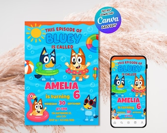 Bluey Pool Party verjaardagsuitnodiging, bewerkbare Bluey uitnodiging, zomer verjaardagsuitnodiging, afdrukbare 5 x 7 kaart, canvas DIY sjabloon