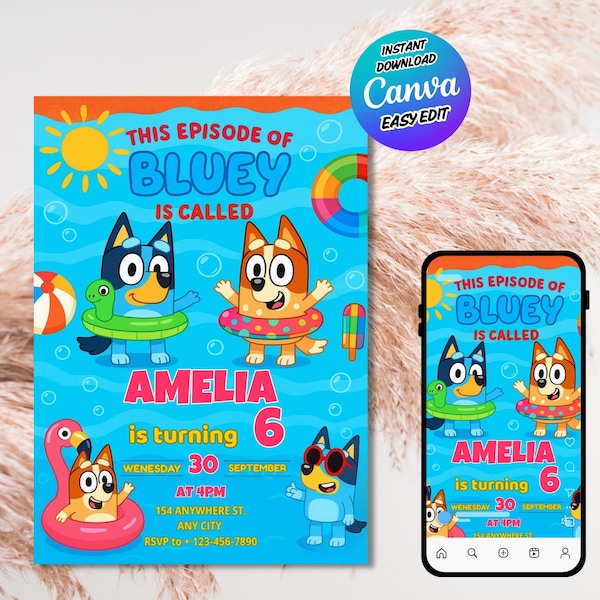 Bluey Pool Party Birthday Invitation, Editable Bluey Invitation, Summer Birthday Invite, Printable 5x7 Card, Canva DIY Template