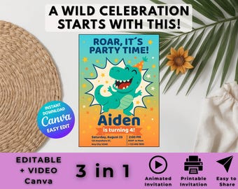 Brul het feest in! Bewerkbare T-Rex-verjaardagsuitnodiging – canvassjabloon dinosaurus – afdrukbare en geanimeerde dinokaart voor jongens