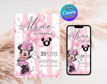 Verjaardagsuitnodiging Minnie – bewerkbare canvassjabloon – Pink Girl Party 5 x 7, mobiel, print – digitale download