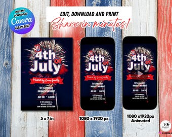 4 juli-uitnodiging bewerkbare canva-sjabloon – Patriottische partij digitale download – afdrukbare en geanimeerde uitnodiging MP4