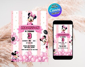 Bewerkbare Minnie Pink verjaardagsuitnodiging voor meisje – 5 x 7 afdrukbare canvassjabloon – direct downloaden – digitale feestkaart
