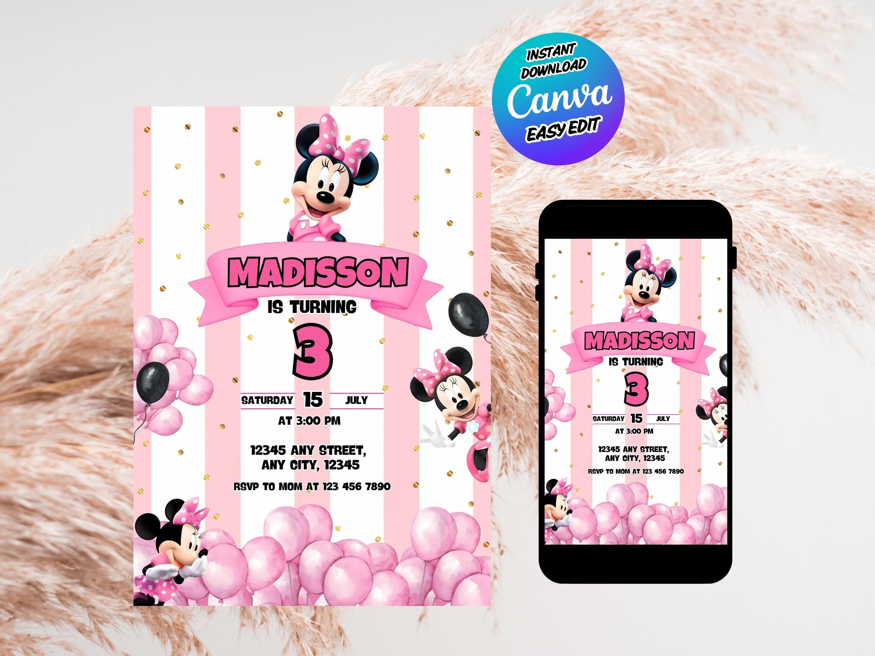 Editable Minnie Pink Birthday Invitation for Girl – 5x7 Printable Canva ...