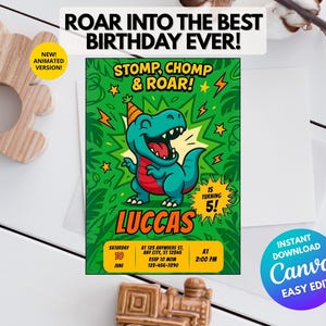 Modèle modifiable d'invitation d'anniversaire de dinosaure - Invitation de T-Rex Stomp Chomp Roar pour garçons - Carte toile imprimable et animée