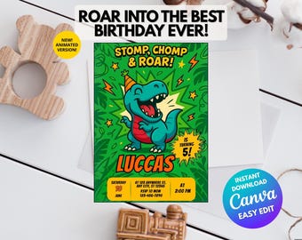 Bewerkbare sjabloon dinosaurusverjaardagsuitnodiging – Stomp Chomp Roar T-Rex-uitnodiging voor jongens – afdrukbare en geanimeerde canvakaart
