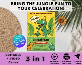 Gebrul-waardige dino-feestuitnodiging – bewerkbare canva T-Rex-verjaardagskaart voor jongens – geanimeerde en afdrukbare digitale sjabloon
