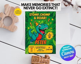 Sjabloon bewerkbare dinosaurusverjaardagsuitnodiging – Cartoon T-Rex Jumping-feestkaart voor jongens – afdrukbaar en geanimeerd Canva-ontwerp