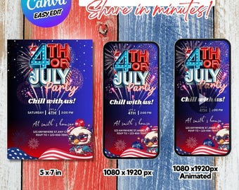 4 juli-feestuitnodiging bewerkbare canva-sjabloon – chill-thema – digitale download – afdrukbare en geanimeerde uitnodiging MP4