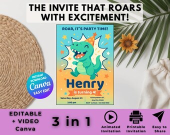 Leuke T-Rex-verjaardagsuitnodiging – bewerkbare dinosaurussjabloon voor jongens – afdrukbare en geanimeerde feestkaart voor kinderen