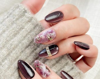 Luxury Press On Nails | Maroon Pink Marble Gold Foil Accent | Salon Quality | Reusable | Hand-Painted | Berry Obsidian
