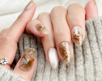 Luxury Press On Nails | Caramel Marble with Silver Foil Accent | Salon Quality | Reusable | Hand-Painted | Caramel Glaze