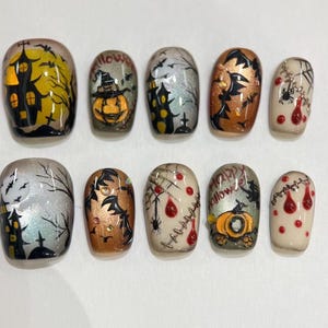 Hand-Painted Haunted Manor Press On Nails: Halloween Luxury, Reusable