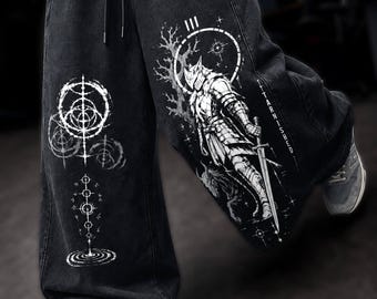 Pantalon de survêtement rétro Elden Ring, pantalon de jogging graphique guerrier terni, pantalon épais délavé vintage, style streetwear gaming oversize, pantalon unisexe.