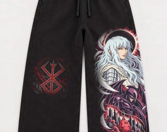 Pantalones deportivos de estilo vintage de Berserk Griffith, Femto y Behelit, color negro intenso lavado, estilo streetwear de fantasía oscura.