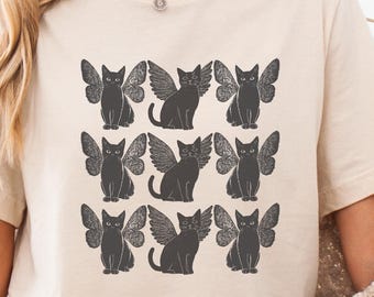Boho Fairy Cat T-Shirt: Lino-Print Style Graphic Tee