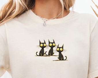 Spooky Cartoon Black Cats T-Shirt, Halloween Outfit, Soft Cotton Tee