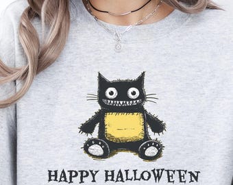 Cute Spooky Halloween Cat Sweatshirt, Trick or Treat, Cat Lovers Gift, Cozy Jumper, Halloween Apparel, Creepy Cute Sweatshirt