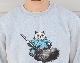 Cool Halloween Sweatshirt, Cat on Broomstick in Tracksuit, Retro Cartoon Graphic Cozy Unisex Fall Sweater Witchy Aesthetic, Halloween Shirt