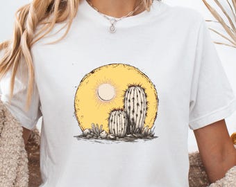 Retro Desert Graphic Tee: Kakteen-Sonnen-Druck - Südwest-Sommer-Top