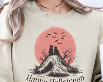 Happy Halloween Cat, Bat and Full Moon Crewneck Sweatshirt