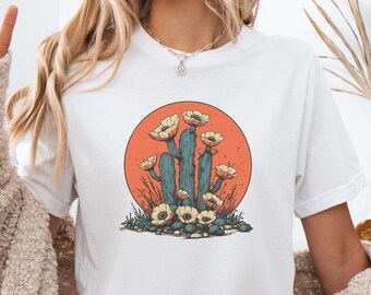 ボヘミアン風花柄サボテンTシャツ：レトロな砂漠風景グラフィックTシャツ