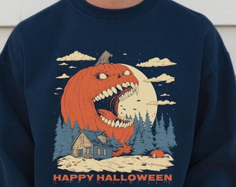 Monster Pumpkin Halloween Sweatshirt: Retro Zombie Graphic Jumper