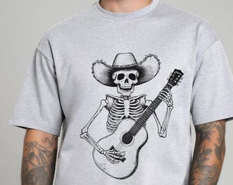 Country Music Skeleton Tee: Cowboy Guitar Halloween Shirt