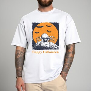 Halloween Tee, Creepy Cartoon Spider, Full Moon, Bats, Unisex T-Shirt, Retro Vibe, Screen Print, Happy Halloween Shirt, Arty Graphic, Gift